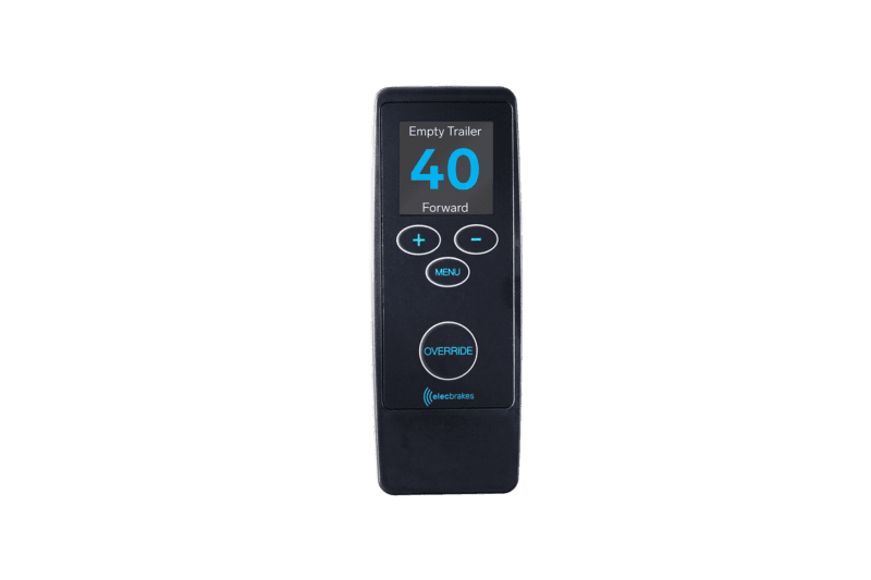 A product image showing a gray metallic ElecBRake remote control unit, possibly for industrial machinery. The unit has several buttons and a display screen.